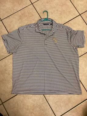 Men’s Cutter & Buck purple and White Striped Polo with LSU  college World Series